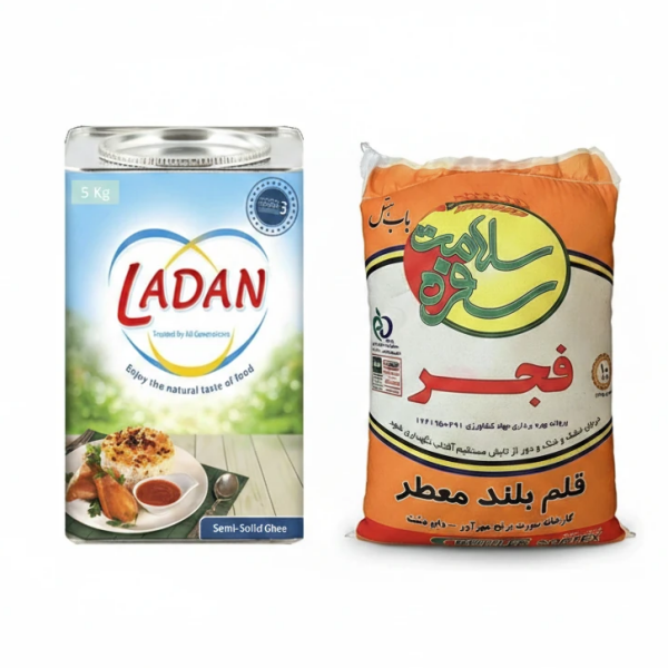سبد برنج به همراه روغن نیمه جامد پنج کیلویی لادن مناسب بسته معیشتی و مصرف خانوار