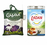 سبد برنج به همراه روغن نیمه جامد پنج کیلویی لادن مناسب بسته معیشتی و مصرف خانوار