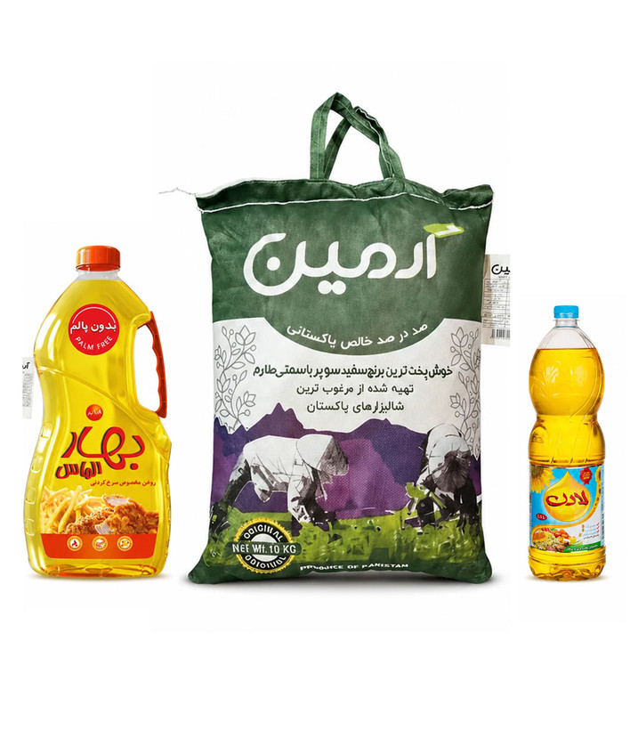 بنر سبد برنج و روغن سرخ کردنی و پخت و پز مناسب بسته معیشتی و خرید خانوار در صفحه اصلی سایت"